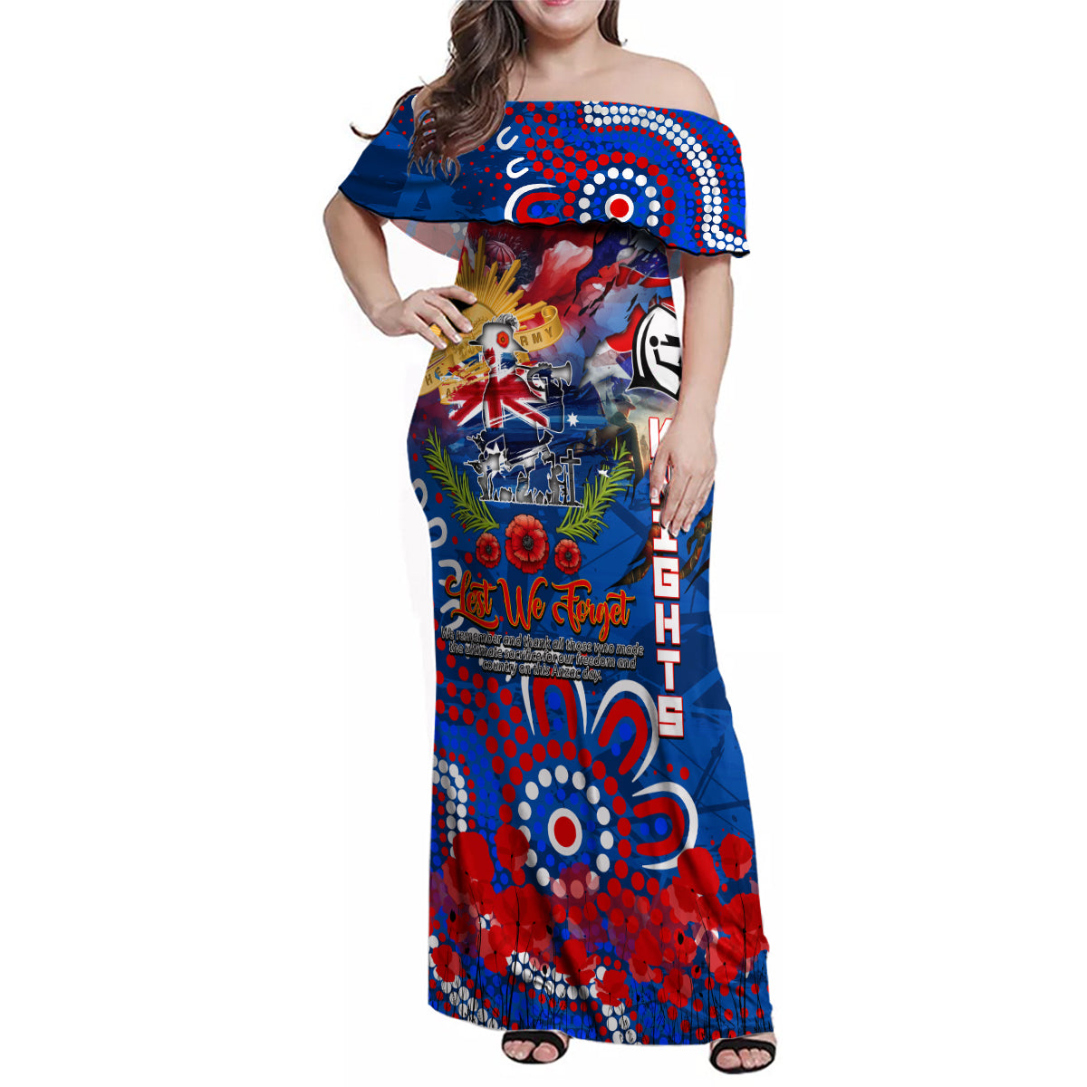 Personalised Australia Rugby Knights ANZAC Family Matching Off Shoulder Maxi Dress and Hawaiian Shirt Newcastle Scratch Style