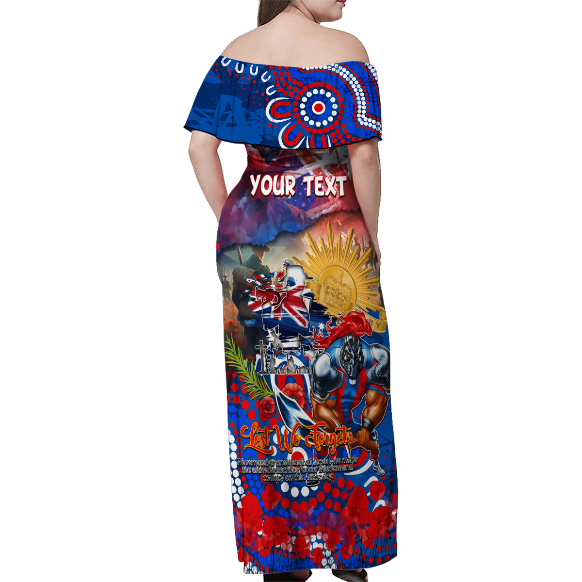 Personalised Australia Rugby Knights ANZAC Family Matching Off Shoulder Maxi Dress and Hawaiian Shirt Newcastle Scratch Style
