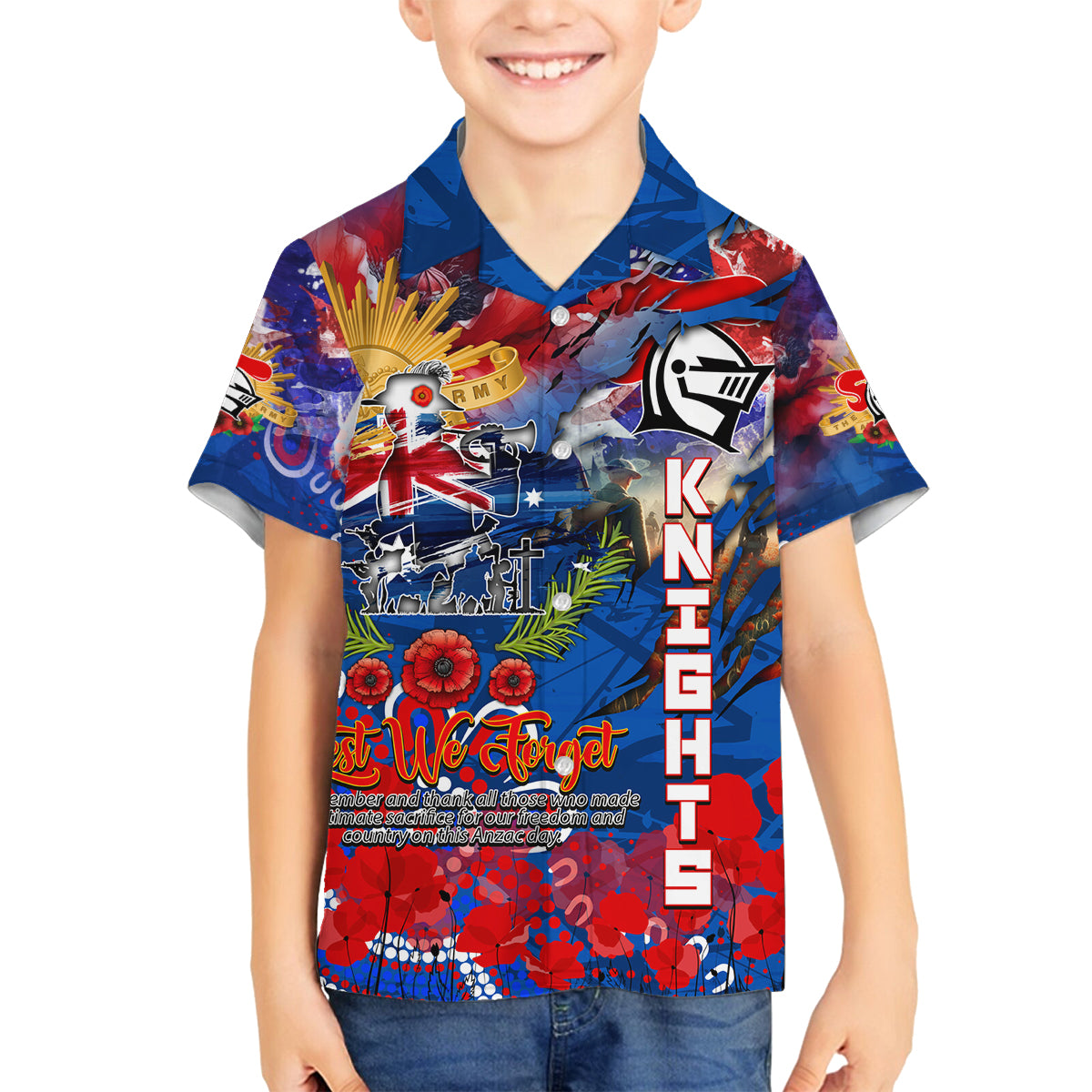 Personalised Australia Rugby Knights ANZAC Family Matching Off Shoulder Maxi Dress and Hawaiian Shirt Newcastle Scratch Style