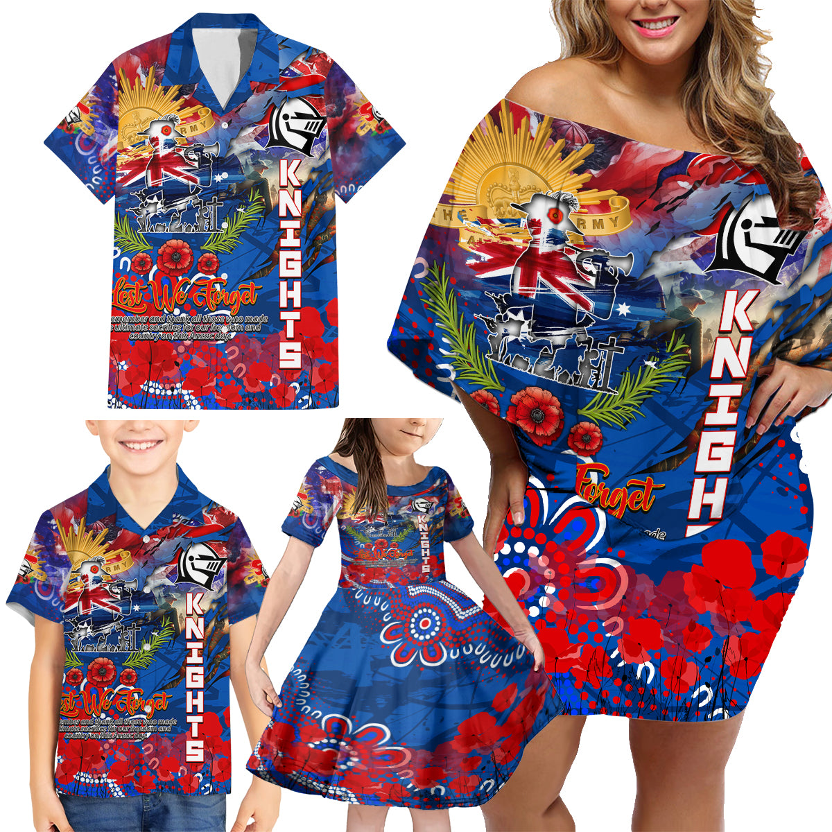 Personalised Australia Rugby Knights ANZAC Family Matching Off Shoulder Short Dress and Hawaiian Shirt Newcastle Scratch Style