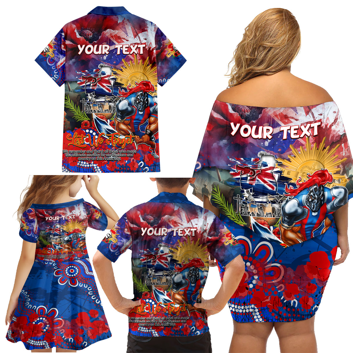 Personalised Australia Rugby Knights ANZAC Family Matching Off Shoulder Short Dress and Hawaiian Shirt Newcastle Scratch Style