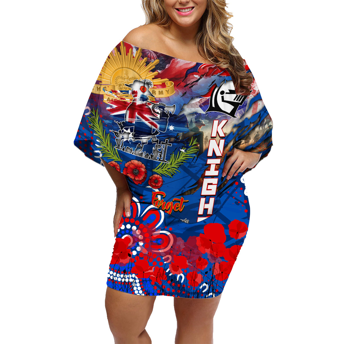 Personalised Australia Rugby Knights ANZAC Family Matching Off Shoulder Short Dress and Hawaiian Shirt Newcastle Scratch Style
