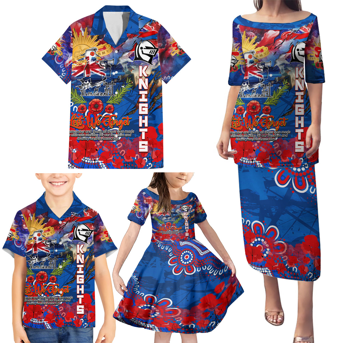 Personalised Australia Rugby Knights ANZAC Family Matching Puletasi and Hawaiian Shirt Newcastle Scratch Style