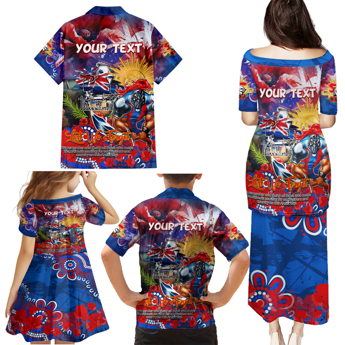Personalised Australia Rugby Knights ANZAC Family Matching Puletasi and Hawaiian Shirt Newcastle Scratch Style