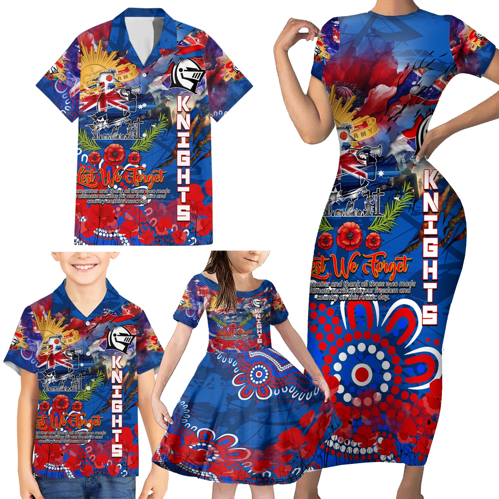 Personalised Australia Rugby Knights ANZAC Family Matching Short Sleeve Bodycon Dress and Hawaiian Shirt Newcastle Scratch Style