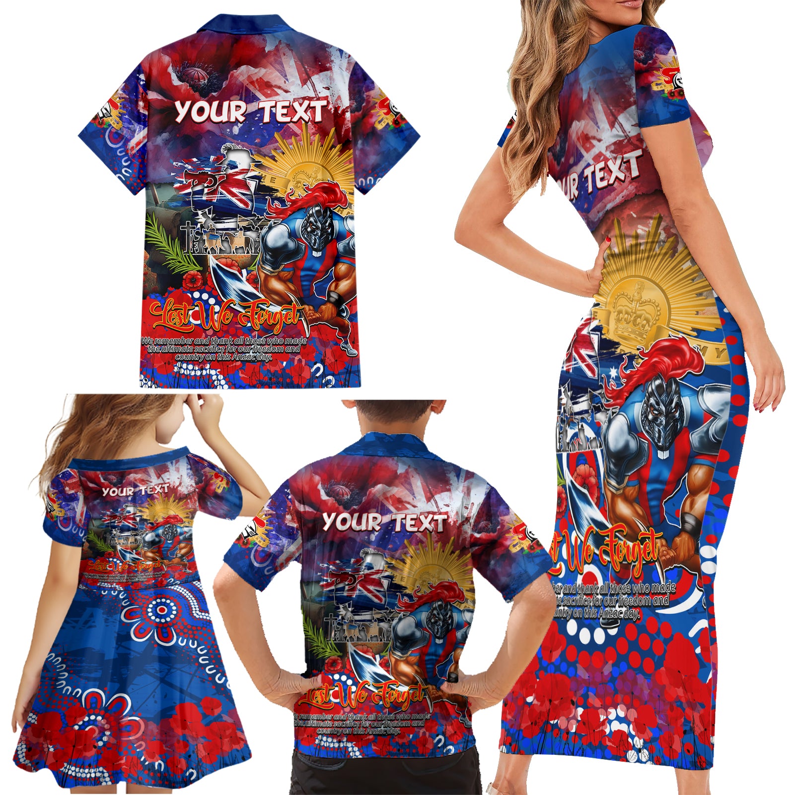 Personalised Australia Rugby Knights ANZAC Family Matching Short Sleeve Bodycon Dress and Hawaiian Shirt Newcastle Scratch Style