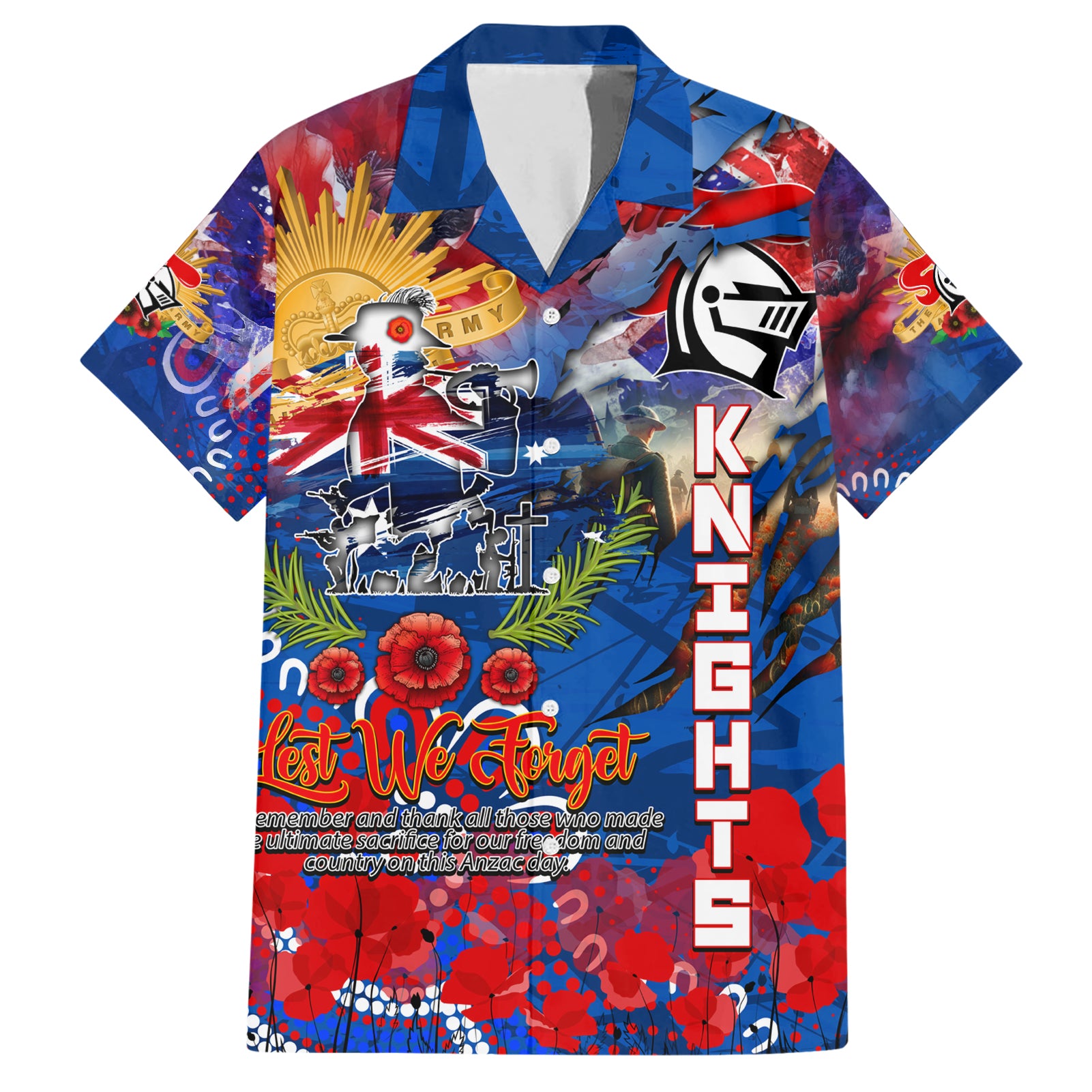 Personalised Australia Rugby Knights ANZAC Family Matching Short Sleeve Bodycon Dress and Hawaiian Shirt Newcastle Scratch Style