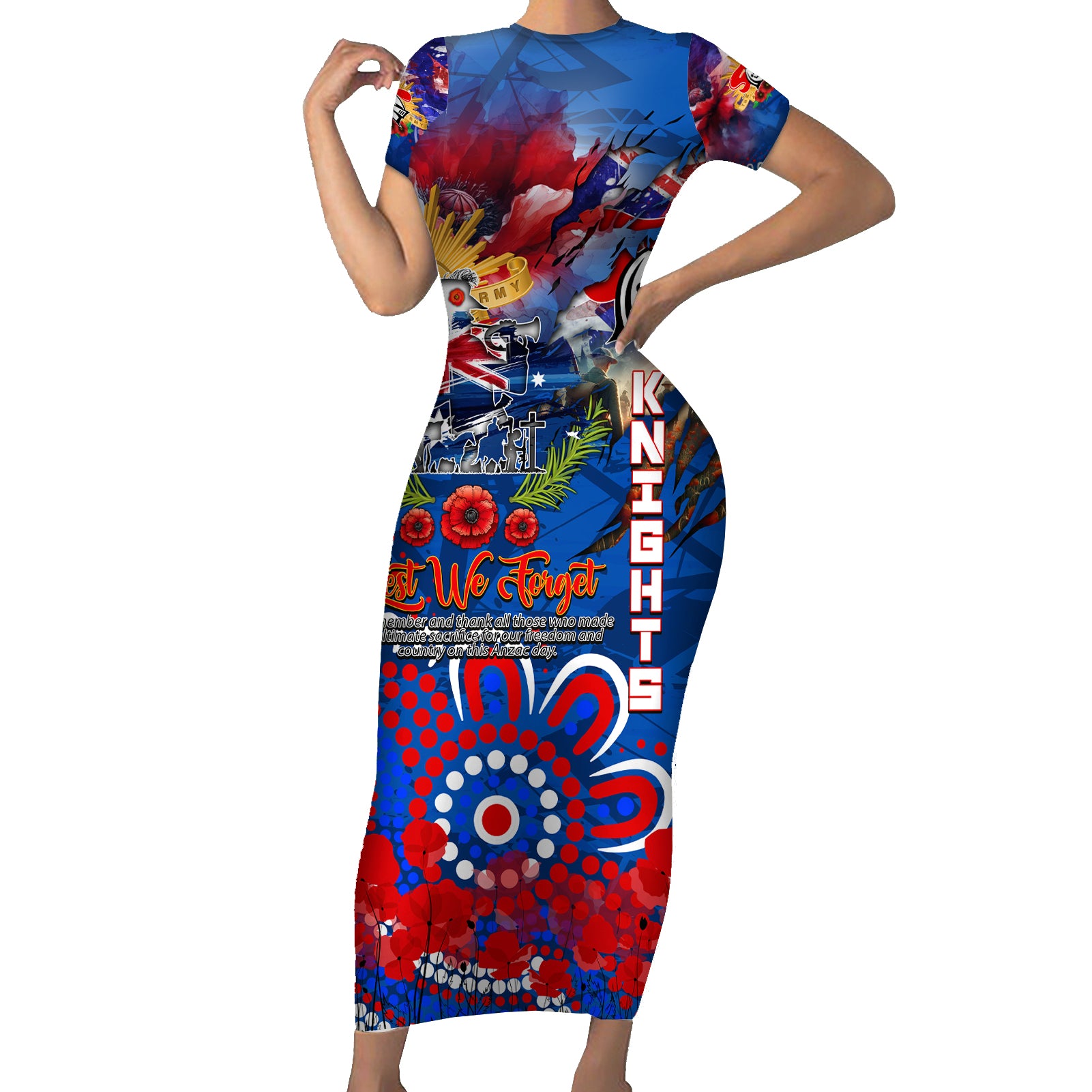 Personalised Australia Rugby Knights ANZAC Family Matching Short Sleeve Bodycon Dress and Hawaiian Shirt Newcastle Scratch Style