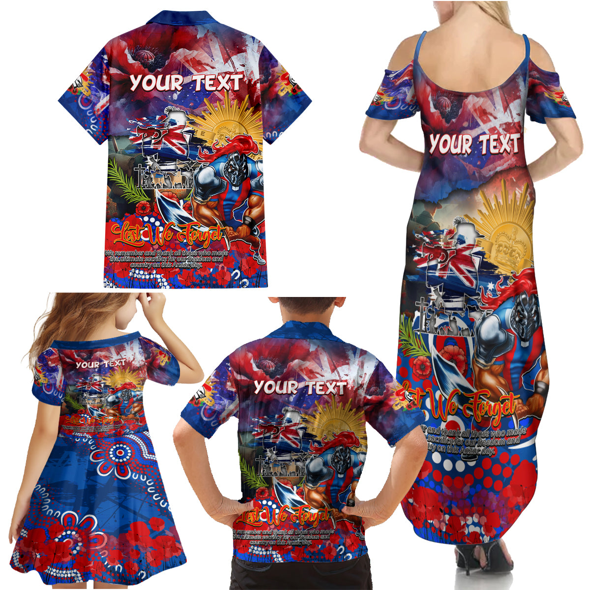 Personalised Australia Rugby Knights ANZAC Family Matching Summer Maxi Dress and Hawaiian Shirt Newcastle Scratch Style