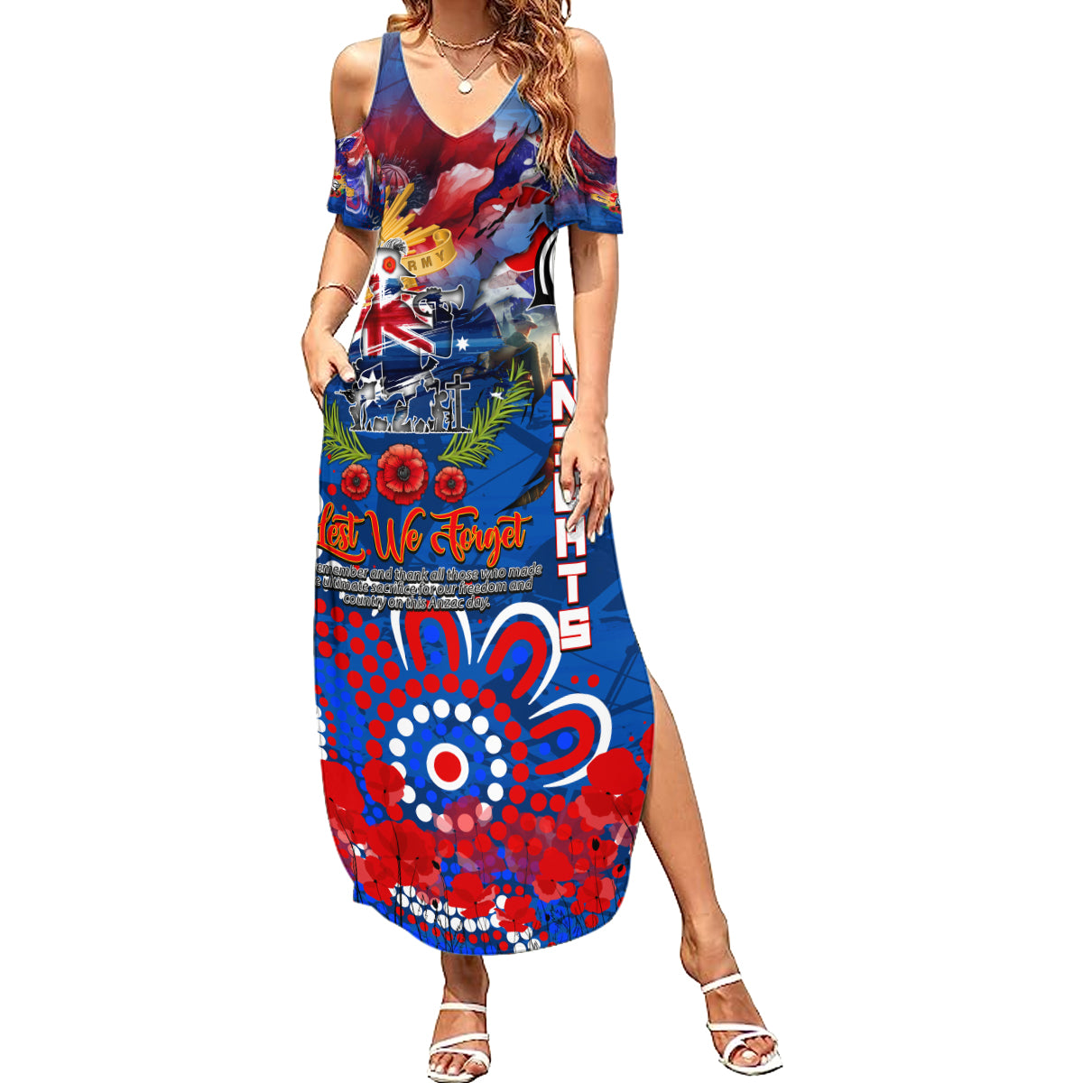 Personalised Australia Rugby Knights ANZAC Family Matching Summer Maxi Dress and Hawaiian Shirt Newcastle Scratch Style