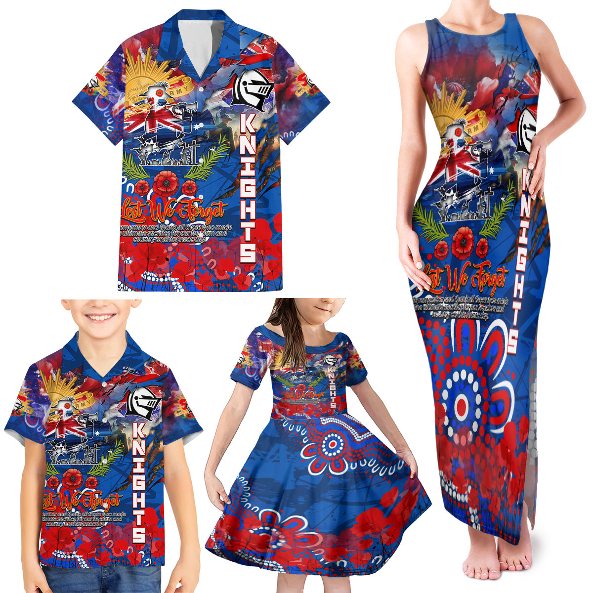 Personalised Australia Rugby Knights ANZAC Family Matching Tank Maxi Dress and Hawaiian Shirt Newcastle Scratch Style