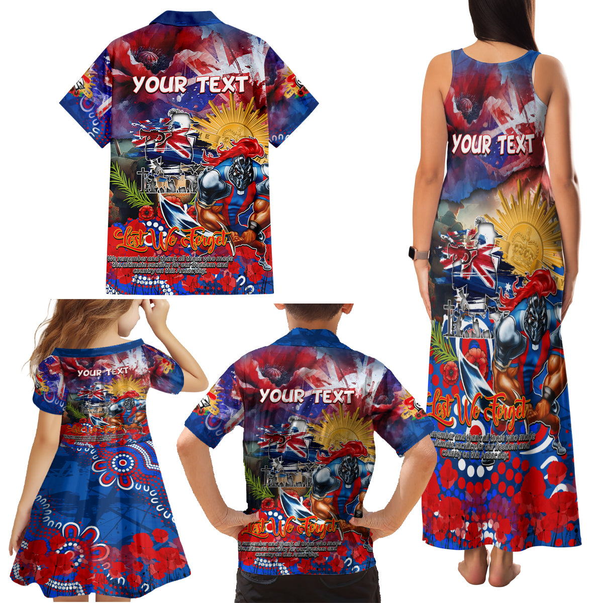 Personalised Australia Rugby Knights ANZAC Family Matching Tank Maxi Dress and Hawaiian Shirt Newcastle Scratch Style