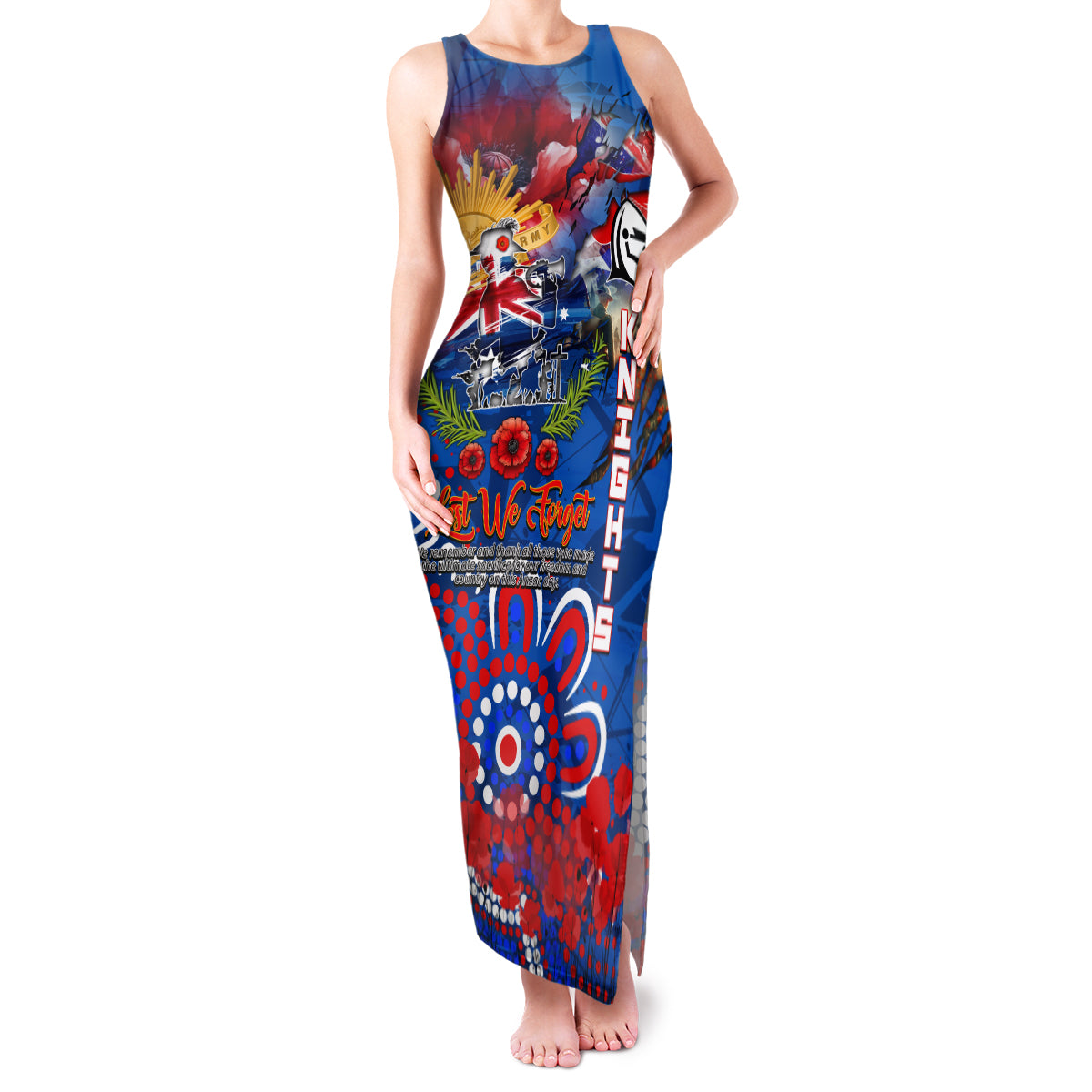 Personalised Australia Rugby Knights ANZAC Family Matching Tank Maxi Dress and Hawaiian Shirt Newcastle Scratch Style
