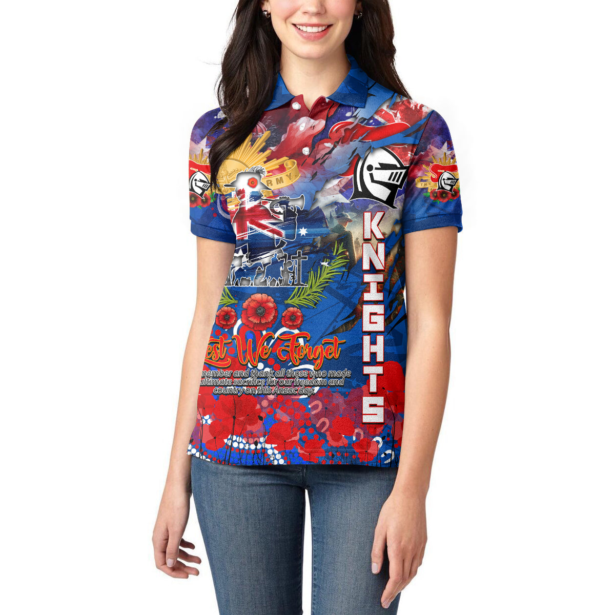 Personalised Australia Rugby Knights ANZAC Women Polo Shirt Newcastle Scratch Style - Vibe Hoodie Shop