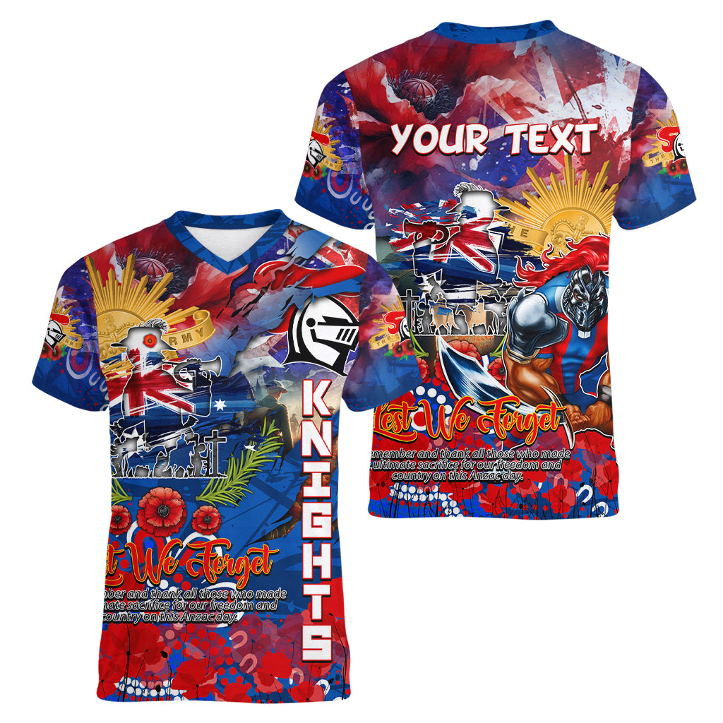 Personalised Australia Rugby Knights ANZAC Women V-Neck T-Shirt Newcastle Scratch Style - Vibe Hoodie Shop