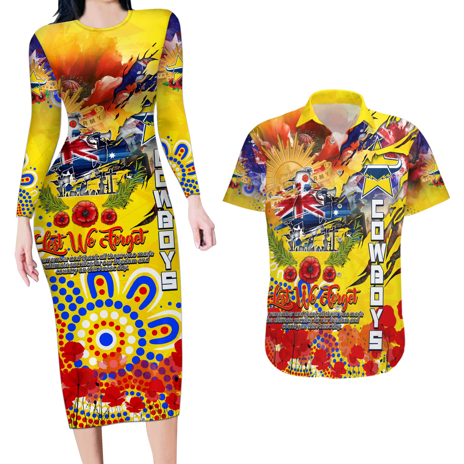 Personalised Australia Rugby Cowboys ANZAC Couples Matching Long Sleeve Bodycon Dress and Hawaiian Shirt North Queensland Scratch Style
