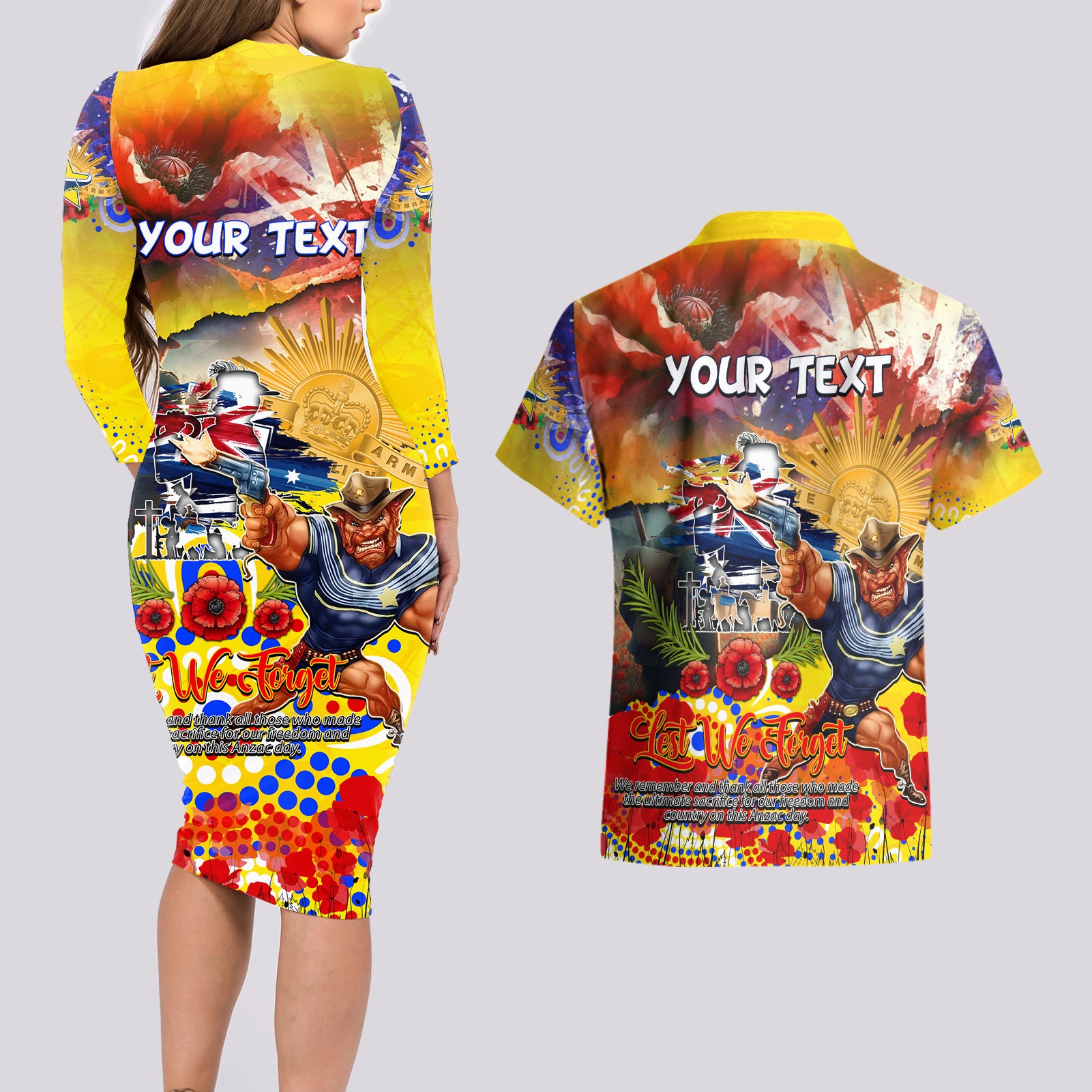 Personalised Australia Rugby Cowboys ANZAC Couples Matching Long Sleeve Bodycon Dress and Hawaiian Shirt North Queensland Scratch Style