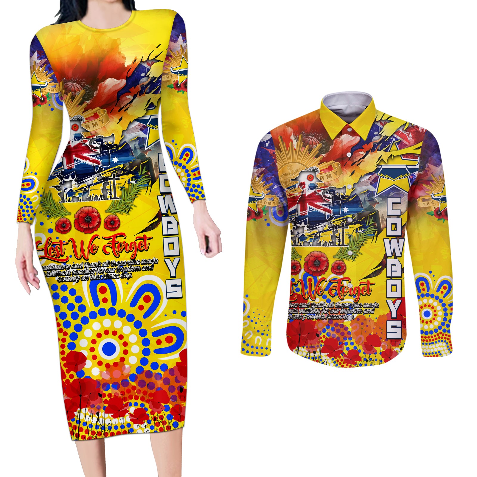 Personalised Australia Rugby Cowboys ANZAC Couples Matching Long Sleeve Bodycon Dress and Long Sleeve Button Shirt North Queensland Scratch Style