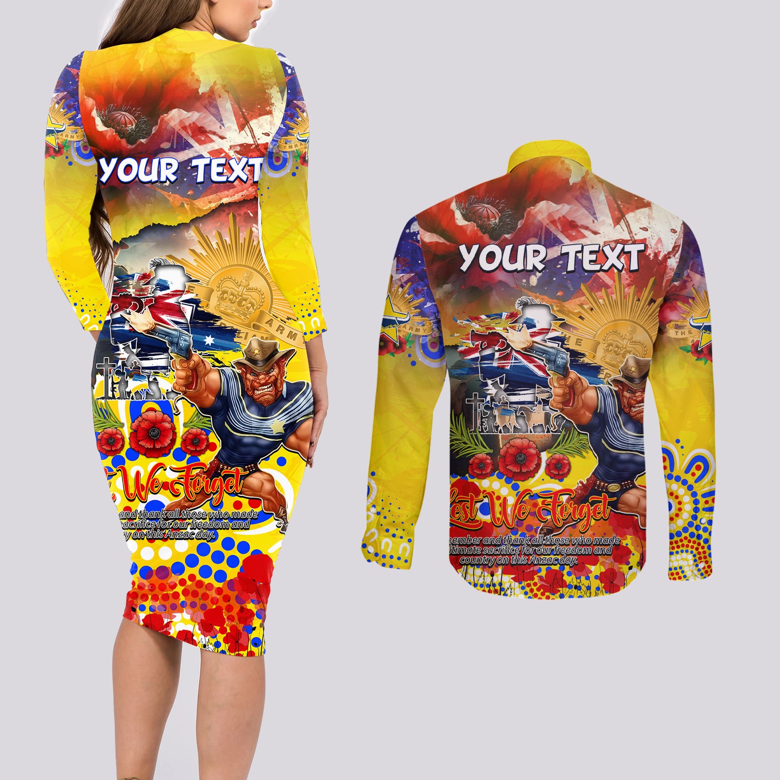 Personalised Australia Rugby Cowboys ANZAC Couples Matching Long Sleeve Bodycon Dress and Long Sleeve Button Shirt North Queensland Scratch Style