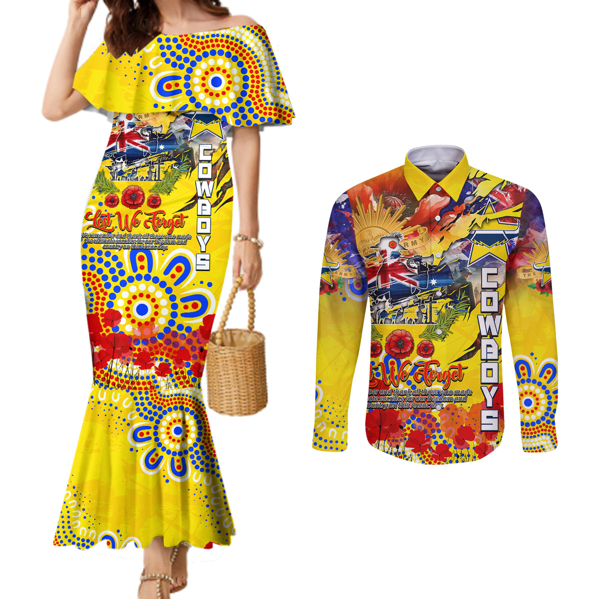 Personalised Australia Rugby Cowboys ANZAC Couples Matching Mermaid Dress and Long Sleeve Button Shirt North Queensland Scratch Style