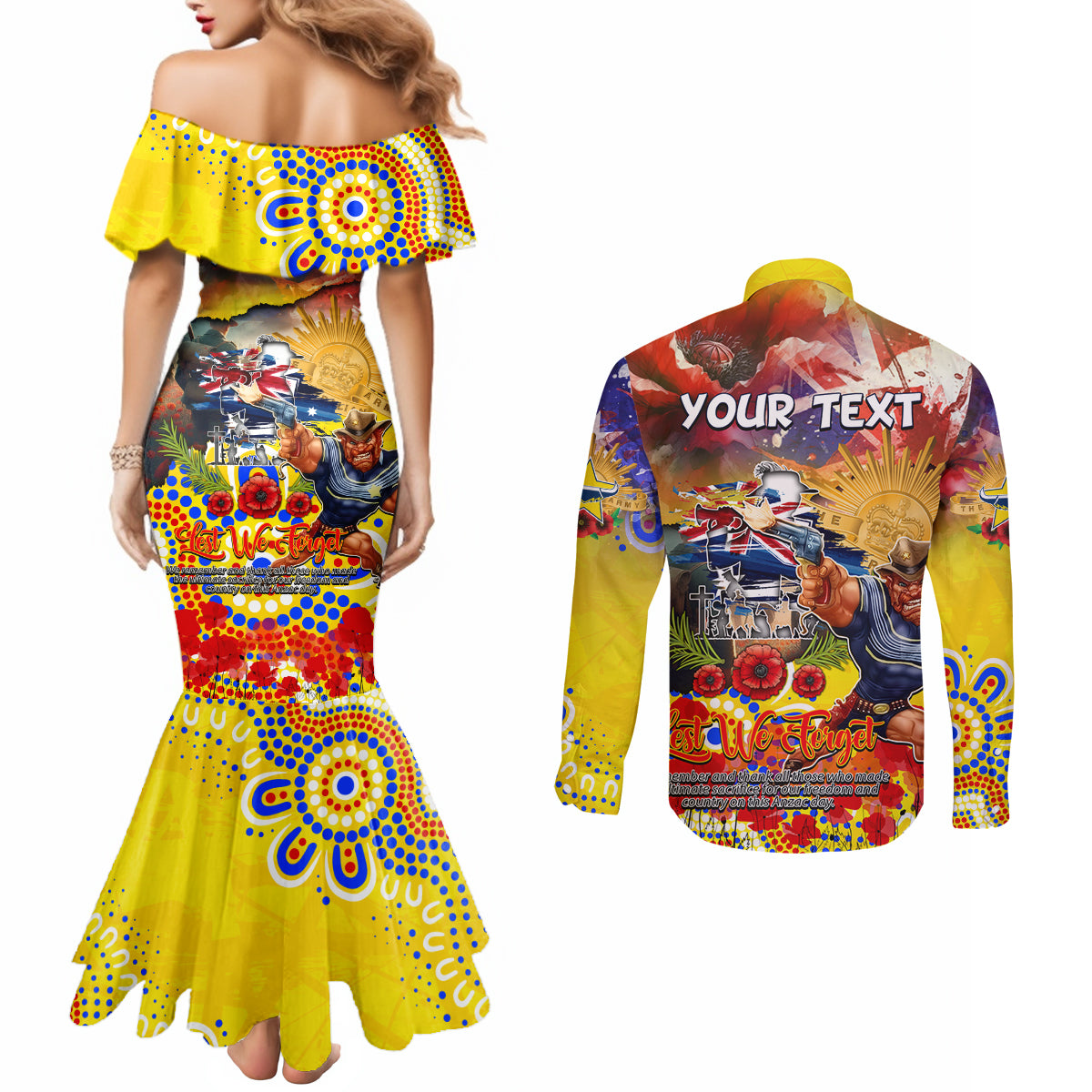 Personalised Australia Rugby Cowboys ANZAC Couples Matching Mermaid Dress and Long Sleeve Button Shirt North Queensland Scratch Style