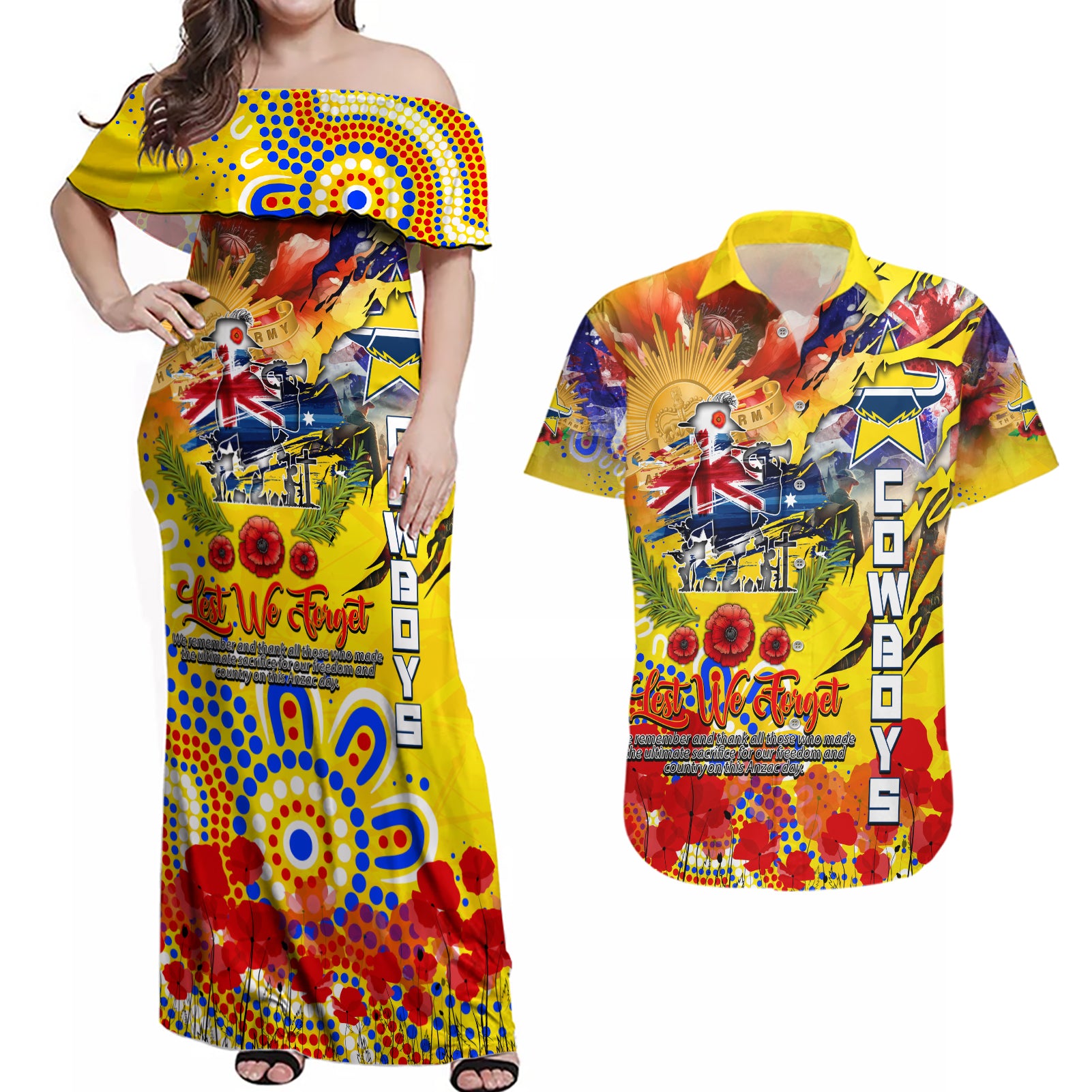 Personalised Australia Rugby Cowboys ANZAC Couples Matching Off Shoulder Maxi Dress and Hawaiian Shirt North Queensland Scratch Style