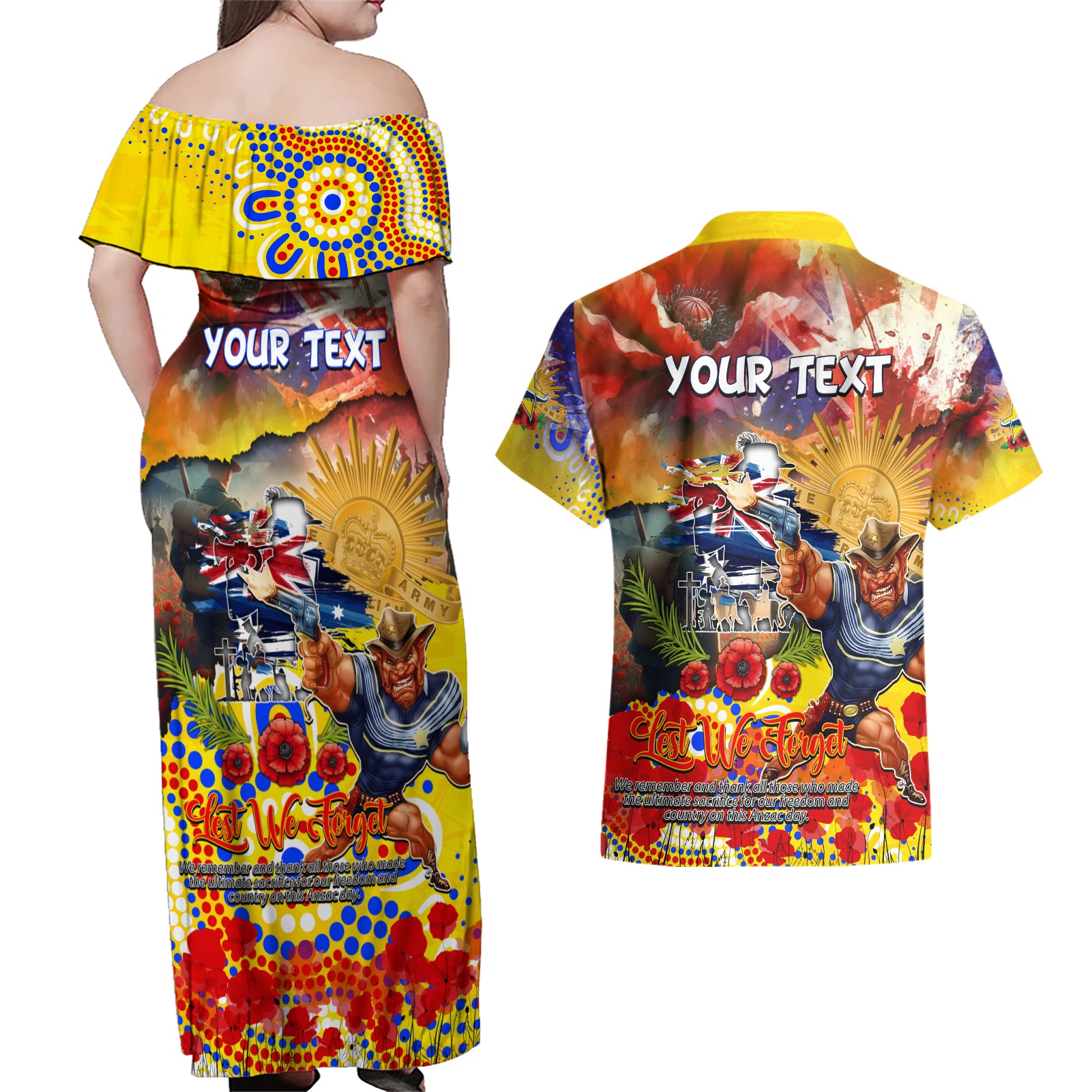 Personalised Australia Rugby Cowboys ANZAC Couples Matching Off Shoulder Maxi Dress and Hawaiian Shirt North Queensland Scratch Style