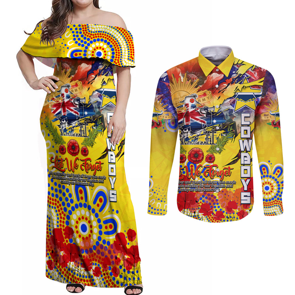 Personalised Australia Rugby Cowboys ANZAC Couples Matching Off Shoulder Maxi Dress and Long Sleeve Button Shirt North Queensland Scratch Style