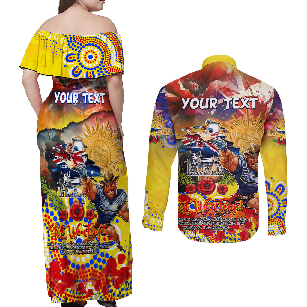 Personalised Australia Rugby Cowboys ANZAC Couples Matching Off Shoulder Maxi Dress and Long Sleeve Button Shirt North Queensland Scratch Style