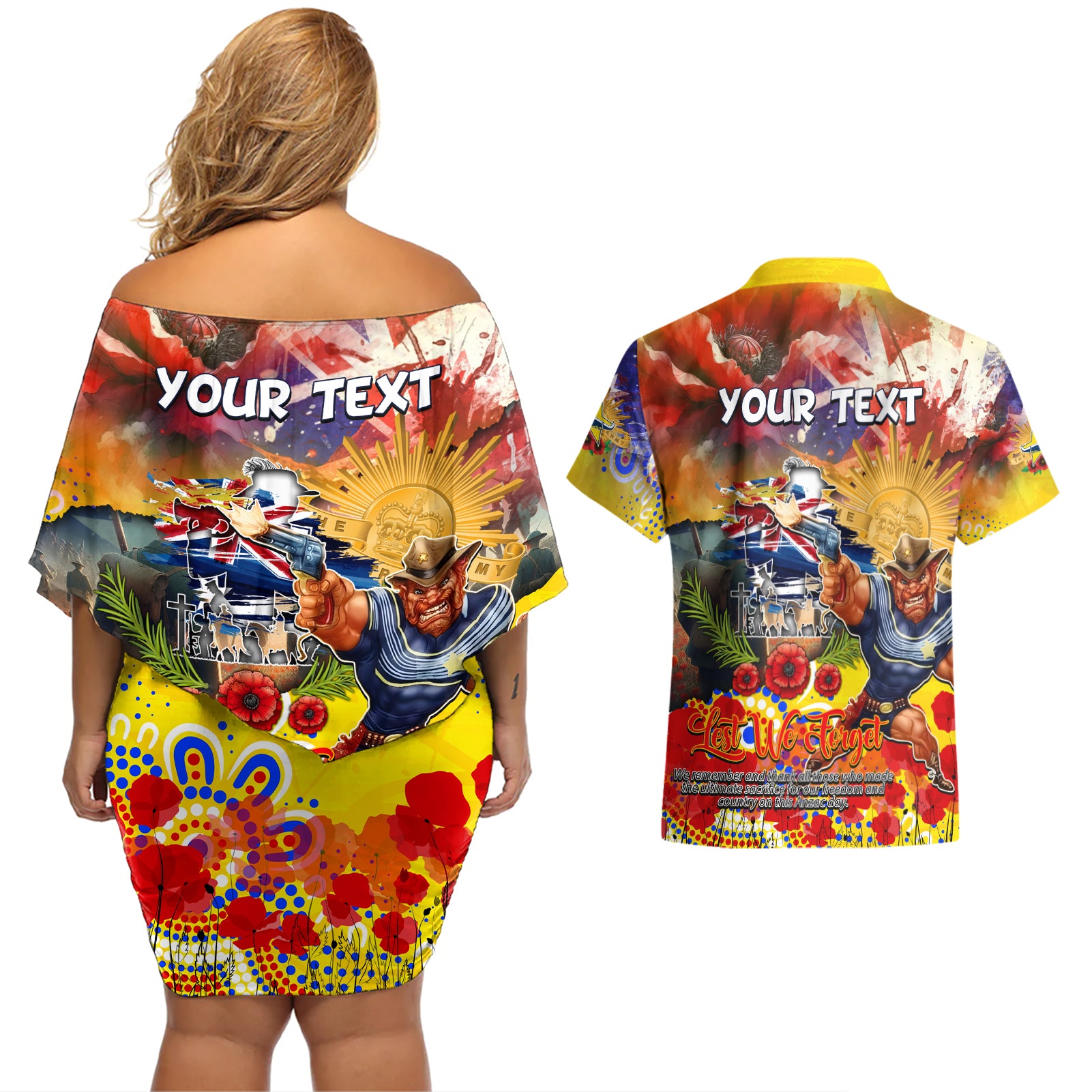 Personalised Australia Rugby Cowboys ANZAC Couples Matching Off Shoulder Short Dress and Hawaiian Shirt North Queensland Scratch Style