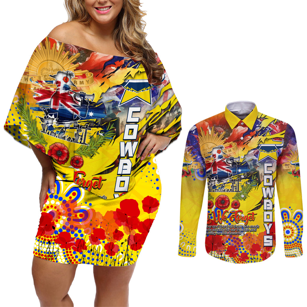 Personalised Australia Rugby Cowboys ANZAC Couples Matching Off Shoulder Short Dress and Long Sleeve Button Shirt North Queensland Scratch Style
