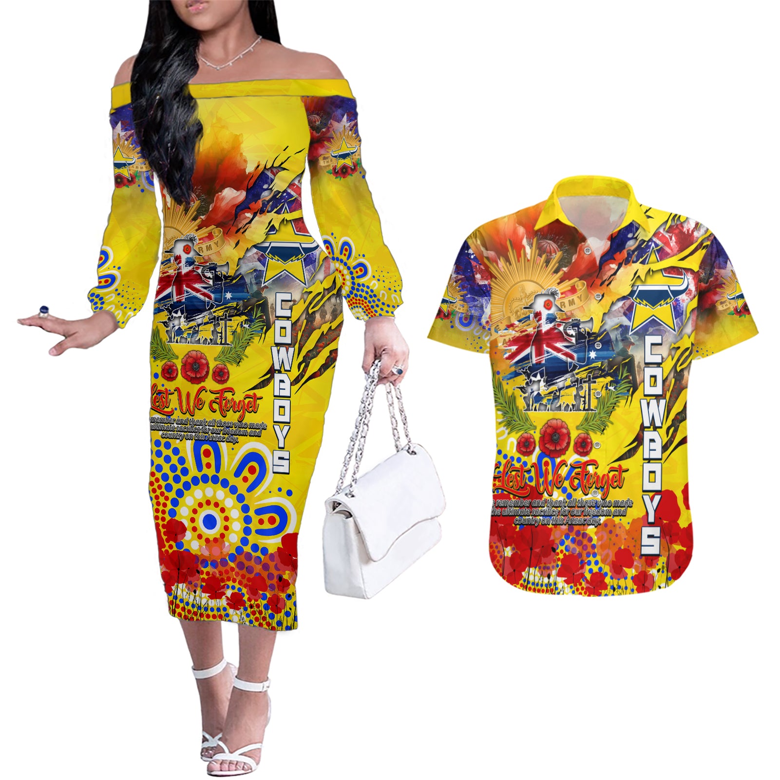 Personalised Australia Rugby Cowboys ANZAC Couples Matching Off The Shoulder Long Sleeve Dress and Hawaiian Shirt North Queensland Scratch Style
