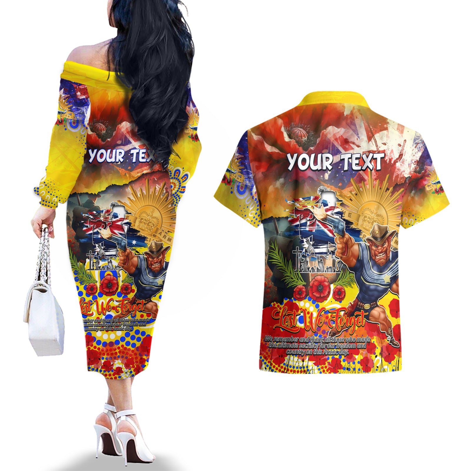 Personalised Australia Rugby Cowboys ANZAC Couples Matching Off The Shoulder Long Sleeve Dress and Hawaiian Shirt North Queensland Scratch Style