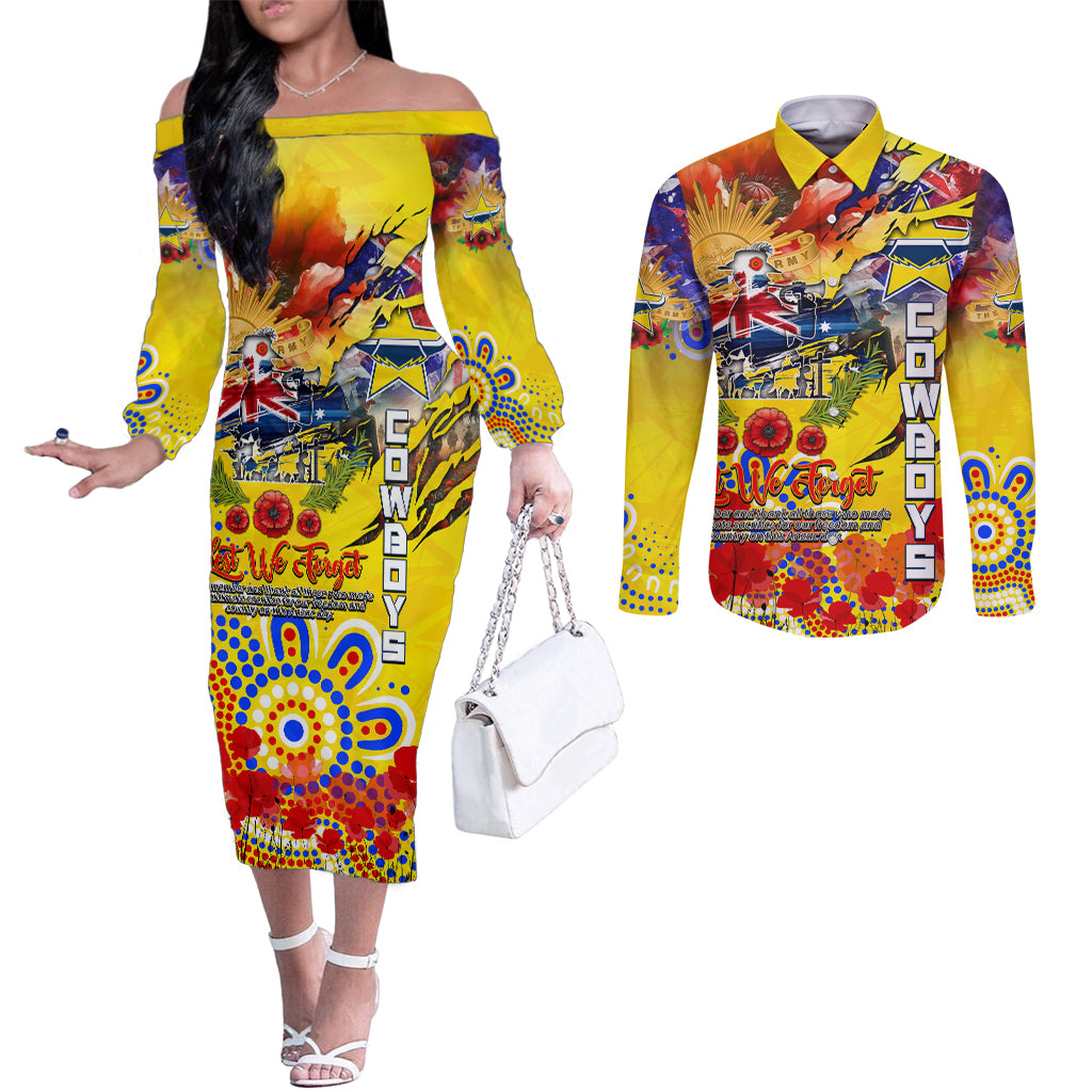 Personalised Australia Rugby Cowboys ANZAC Couples Matching Off The Shoulder Long Sleeve Dress and Long Sleeve Button Shirt North Queensland Scratch Style