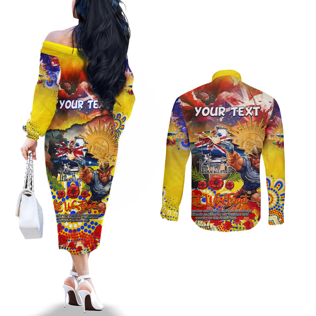 Personalised Australia Rugby Cowboys ANZAC Couples Matching Off The Shoulder Long Sleeve Dress and Long Sleeve Button Shirt North Queensland Scratch Style