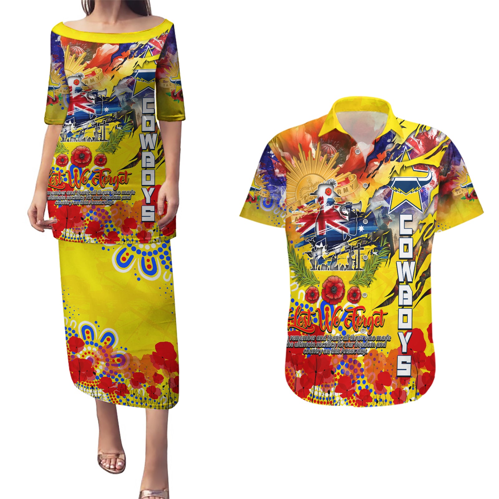 Personalised Australia Rugby Cowboys ANZAC Couples Matching Puletasi and Hawaiian Shirt North Queensland Scratch Style