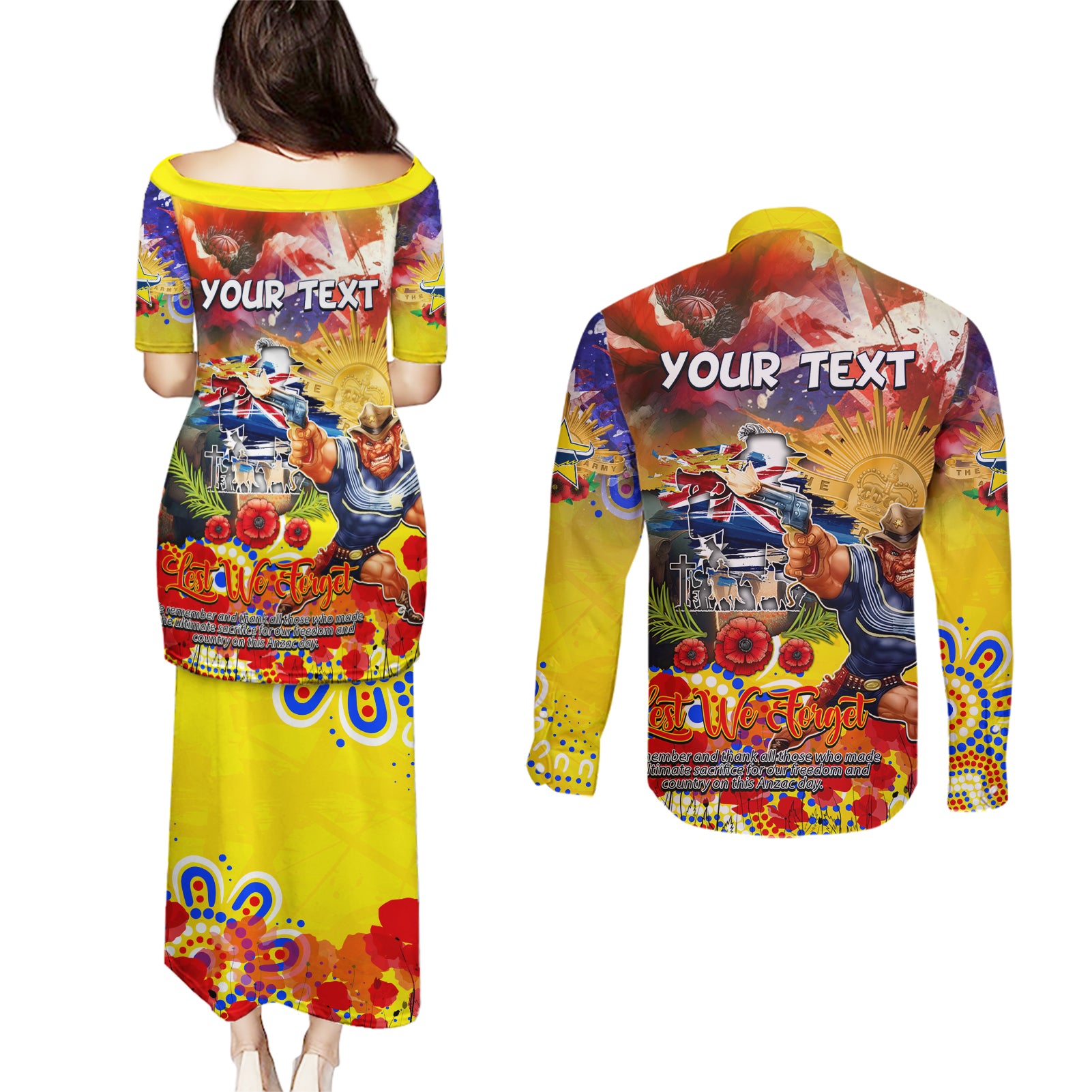 Personalised Australia Rugby Cowboys ANZAC Couples Matching Puletasi and Long Sleeve Button Shirt North Queensland Scratch Style