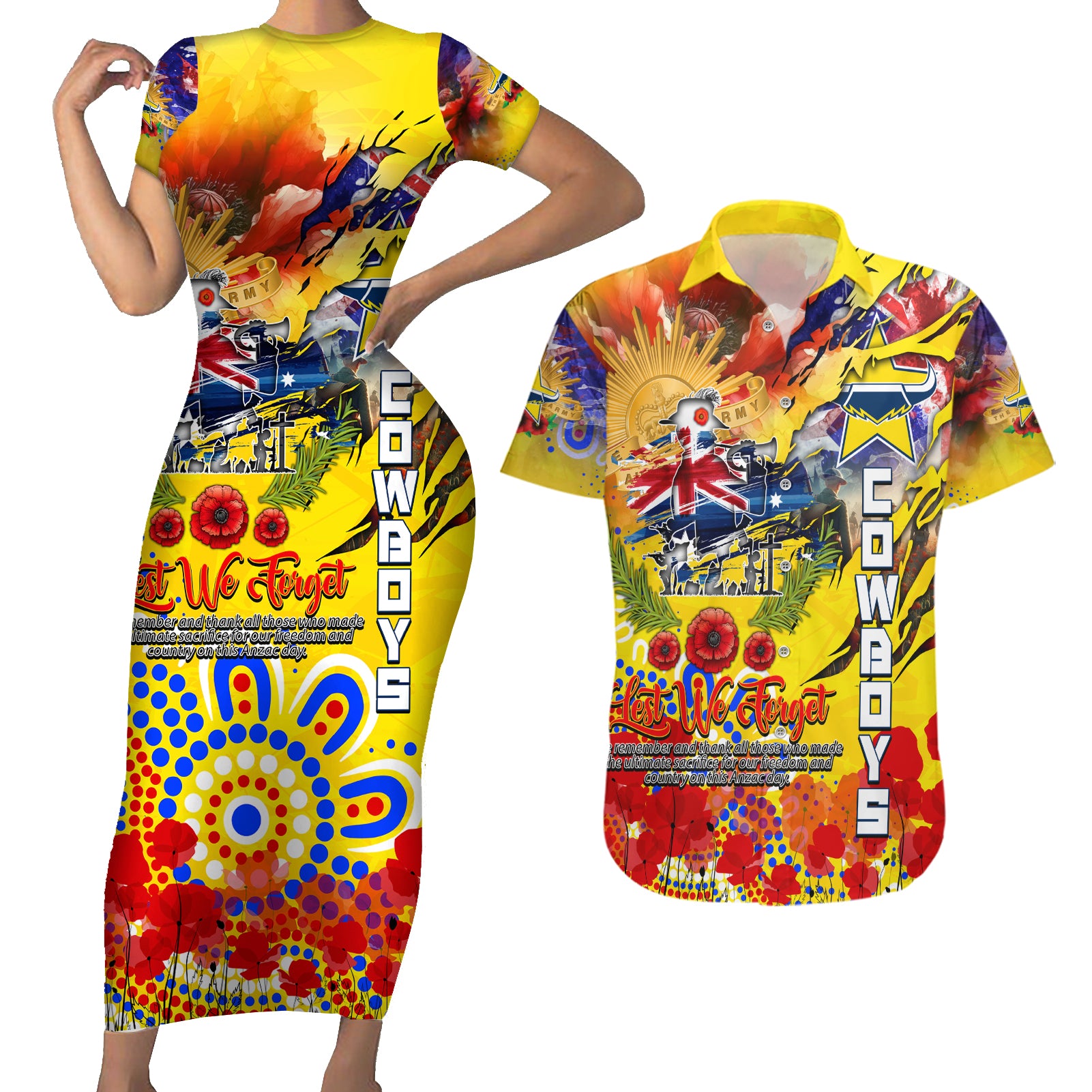 Personalised Australia Rugby Cowboys ANZAC Couples Matching Short Sleeve Bodycon Dress and Hawaiian Shirt North Queensland Scratch Style