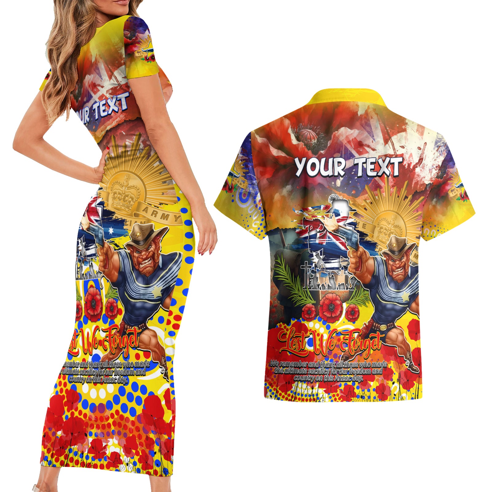 Personalised Australia Rugby Cowboys ANZAC Couples Matching Short Sleeve Bodycon Dress and Hawaiian Shirt North Queensland Scratch Style
