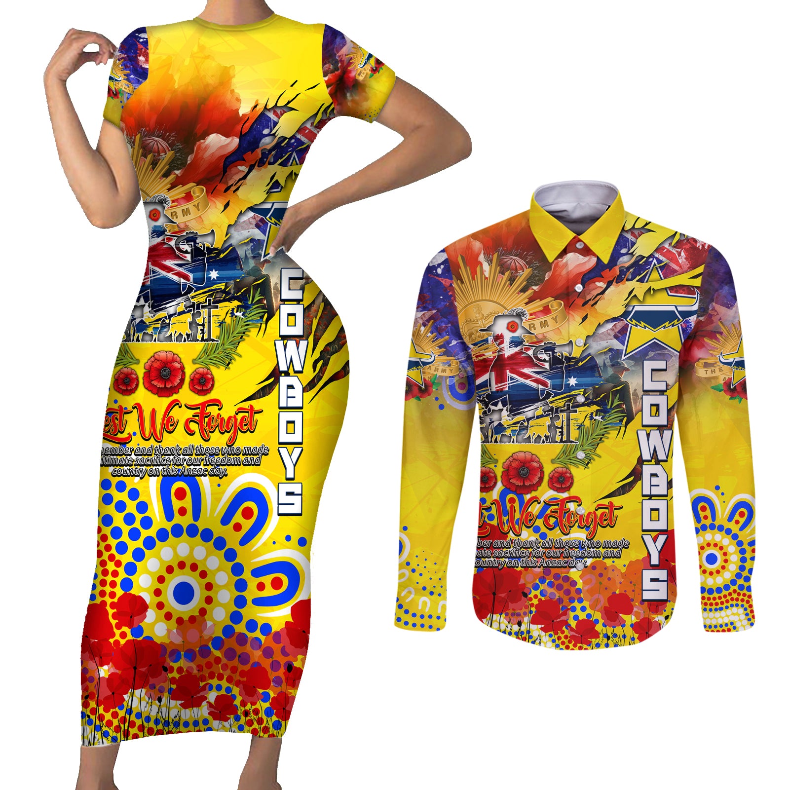Personalised Australia Rugby Cowboys ANZAC Couples Matching Short Sleeve Bodycon Dress and Long Sleeve Button Shirt North Queensland Scratch Style