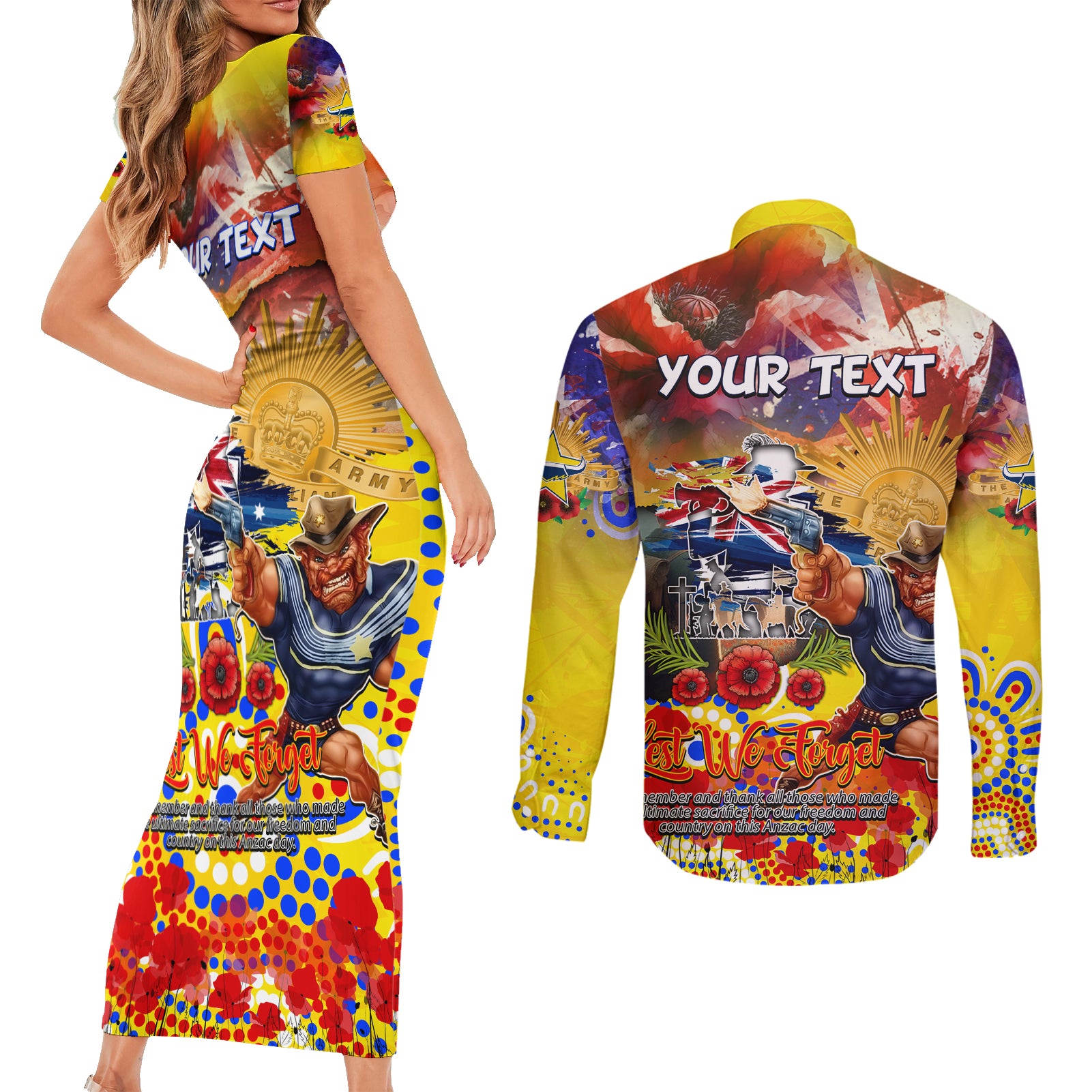 Personalised Australia Rugby Cowboys ANZAC Couples Matching Short Sleeve Bodycon Dress and Long Sleeve Button Shirt North Queensland Scratch Style