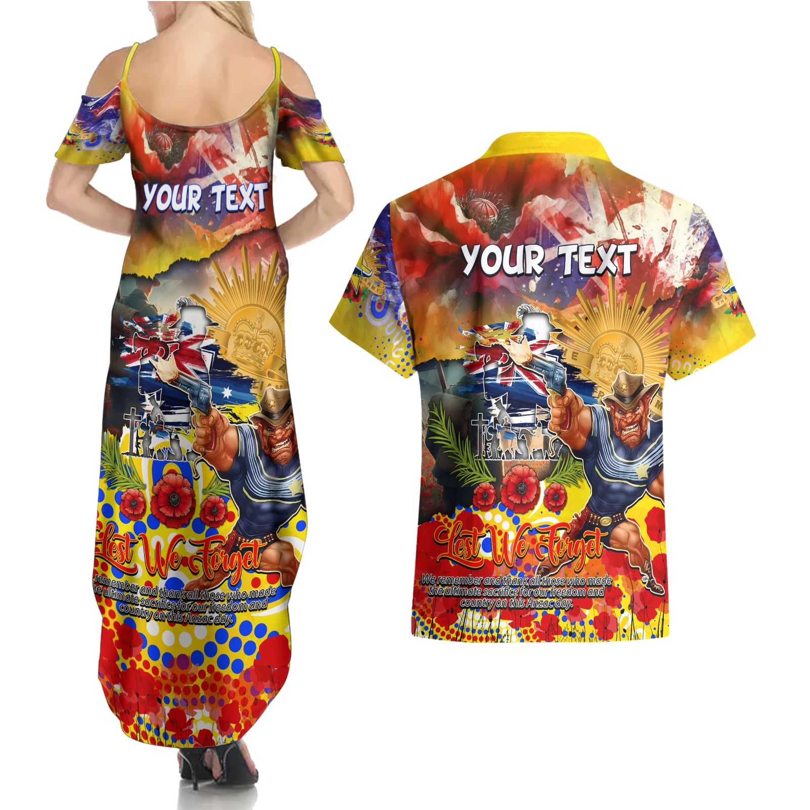 Personalised Australia Rugby Cowboys ANZAC Couples Matching Summer Maxi Dress and Hawaiian Shirt North Queensland Scratch Style