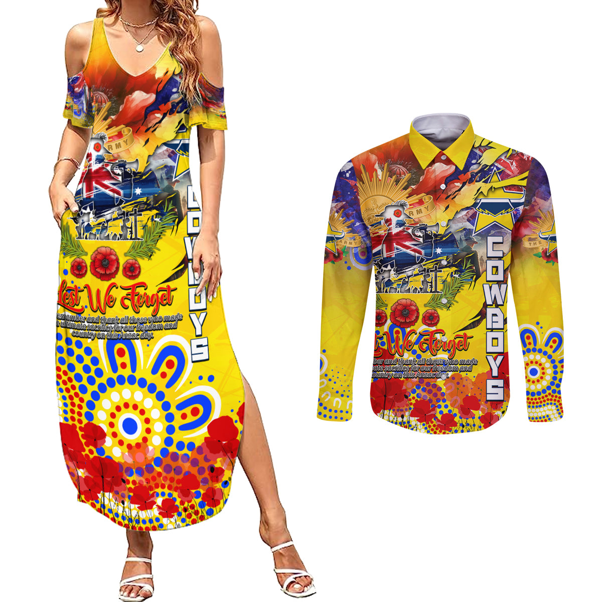 Personalised Australia Rugby Cowboys ANZAC Couples Matching Summer Maxi Dress and Long Sleeve Button Shirt North Queensland Scratch Style