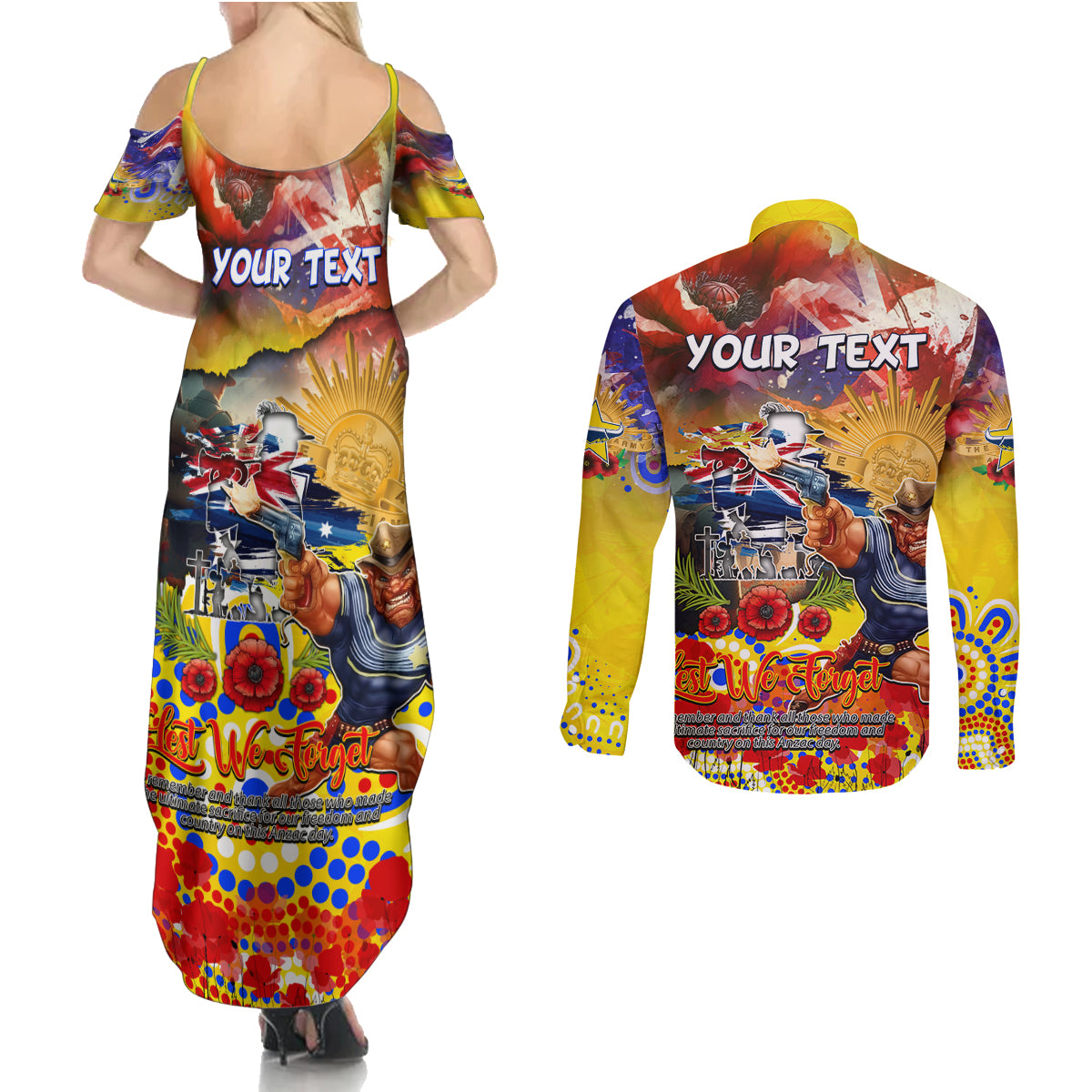 Personalised Australia Rugby Cowboys ANZAC Couples Matching Summer Maxi Dress and Long Sleeve Button Shirt North Queensland Scratch Style