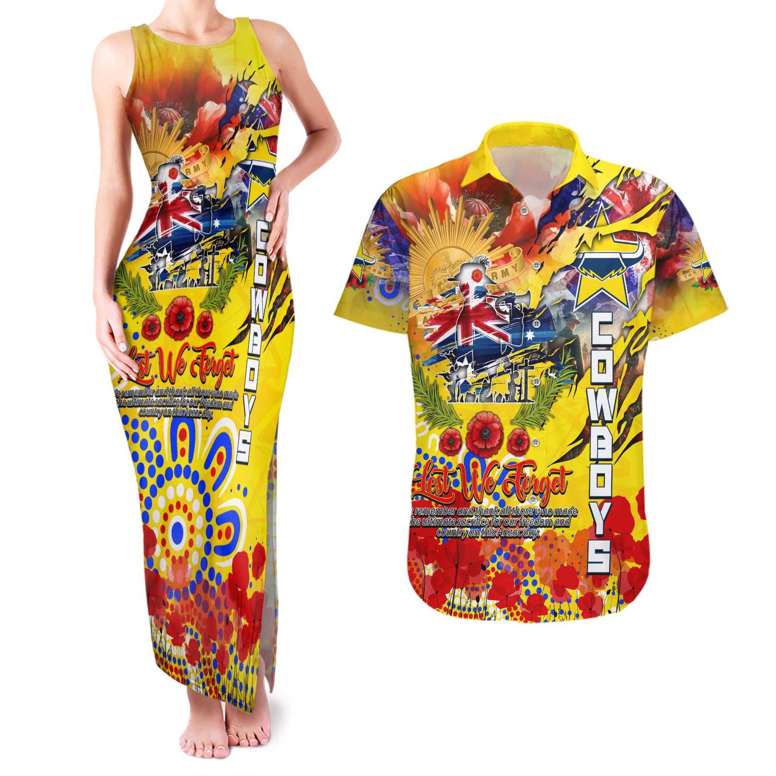 Personalised Australia Rugby Cowboys ANZAC Couples Matching Tank Maxi Dress and Hawaiian Shirt North Queensland Scratch Style