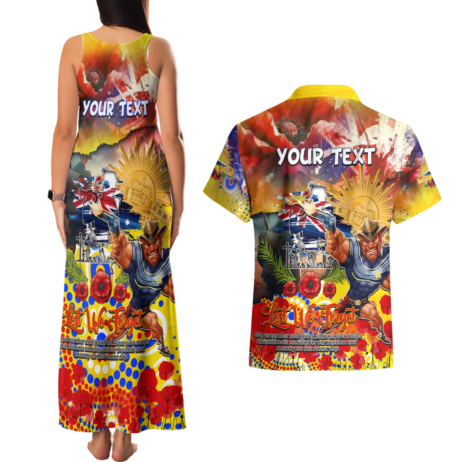 Personalised Australia Rugby Cowboys ANZAC Couples Matching Tank Maxi Dress and Hawaiian Shirt North Queensland Scratch Style