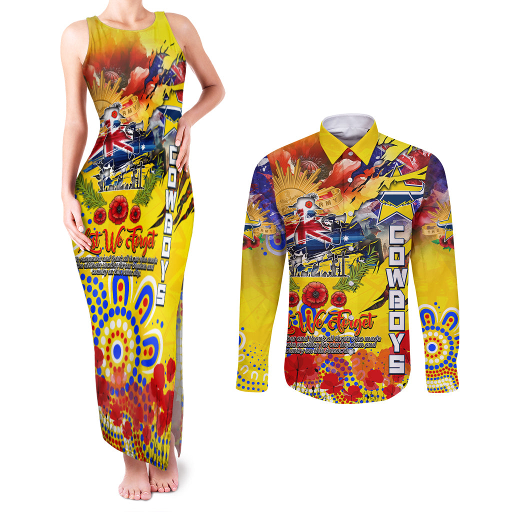 Personalised Australia Rugby Cowboys ANZAC Couples Matching Tank Maxi Dress and Long Sleeve Button Shirt North Queensland Scratch Style
