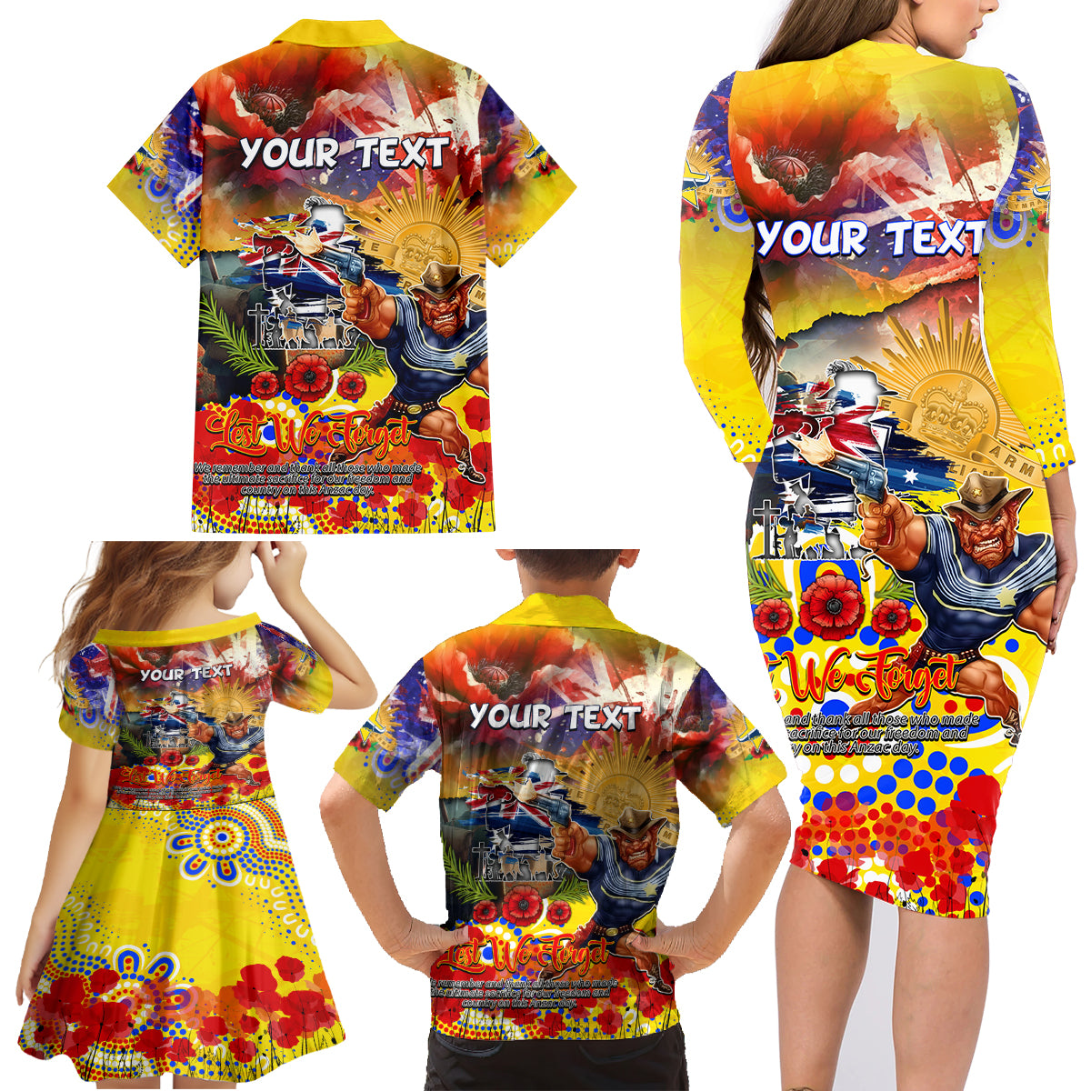 Personalised Australia Rugby Cowboys ANZAC Family Matching Long Sleeve Bodycon Dress and Hawaiian Shirt North Queensland Scratch Style
