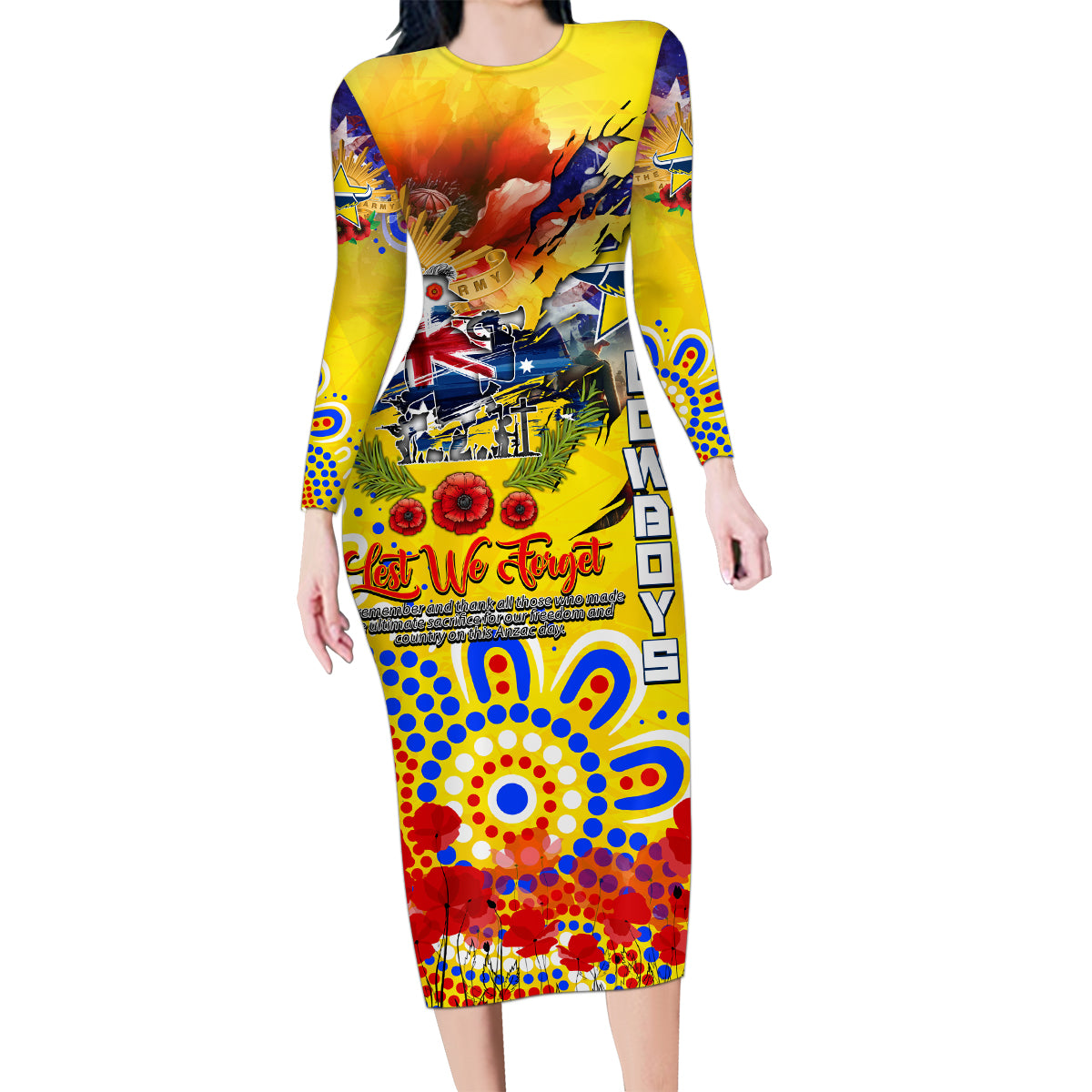 Personalised Australia Rugby Cowboys ANZAC Family Matching Long Sleeve Bodycon Dress and Hawaiian Shirt North Queensland Scratch Style