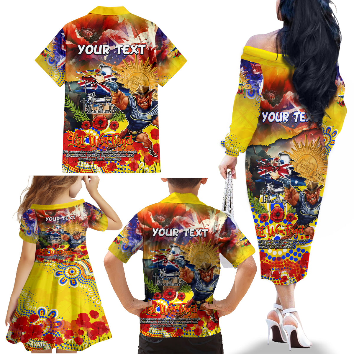 Personalised Australia Rugby Cowboys ANZAC Family Matching Off The Shoulder Long Sleeve Dress and Hawaiian Shirt North Queensland Scratch Style